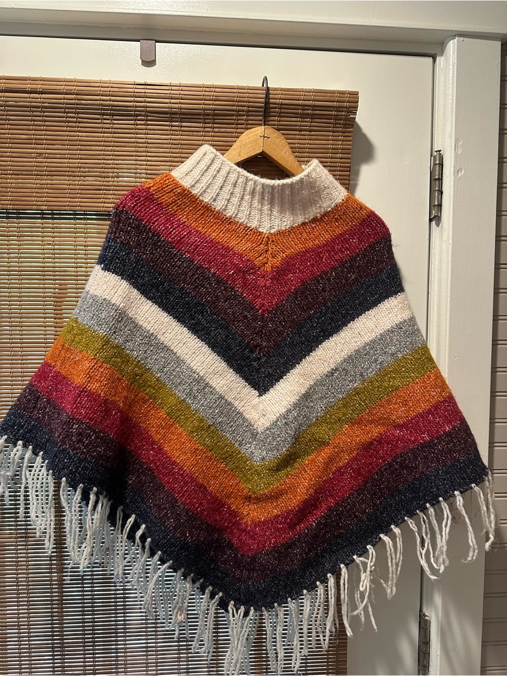 Vintage Women’s Wool Blend Striped Fringed Cowl Neck Poncho Size S/M Boho